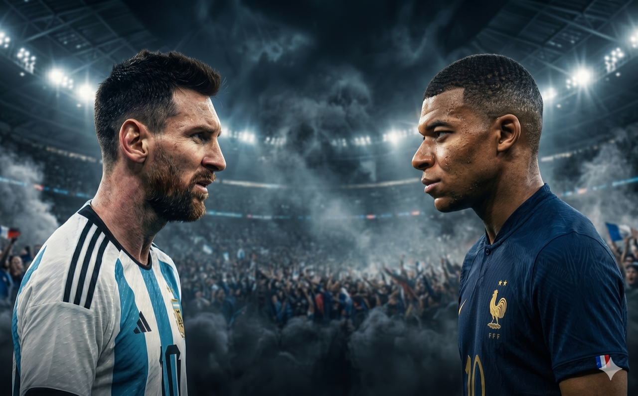 Two football legends face off in a stadium — the Messi vs Ronaldo rivalry at World Cup 2026